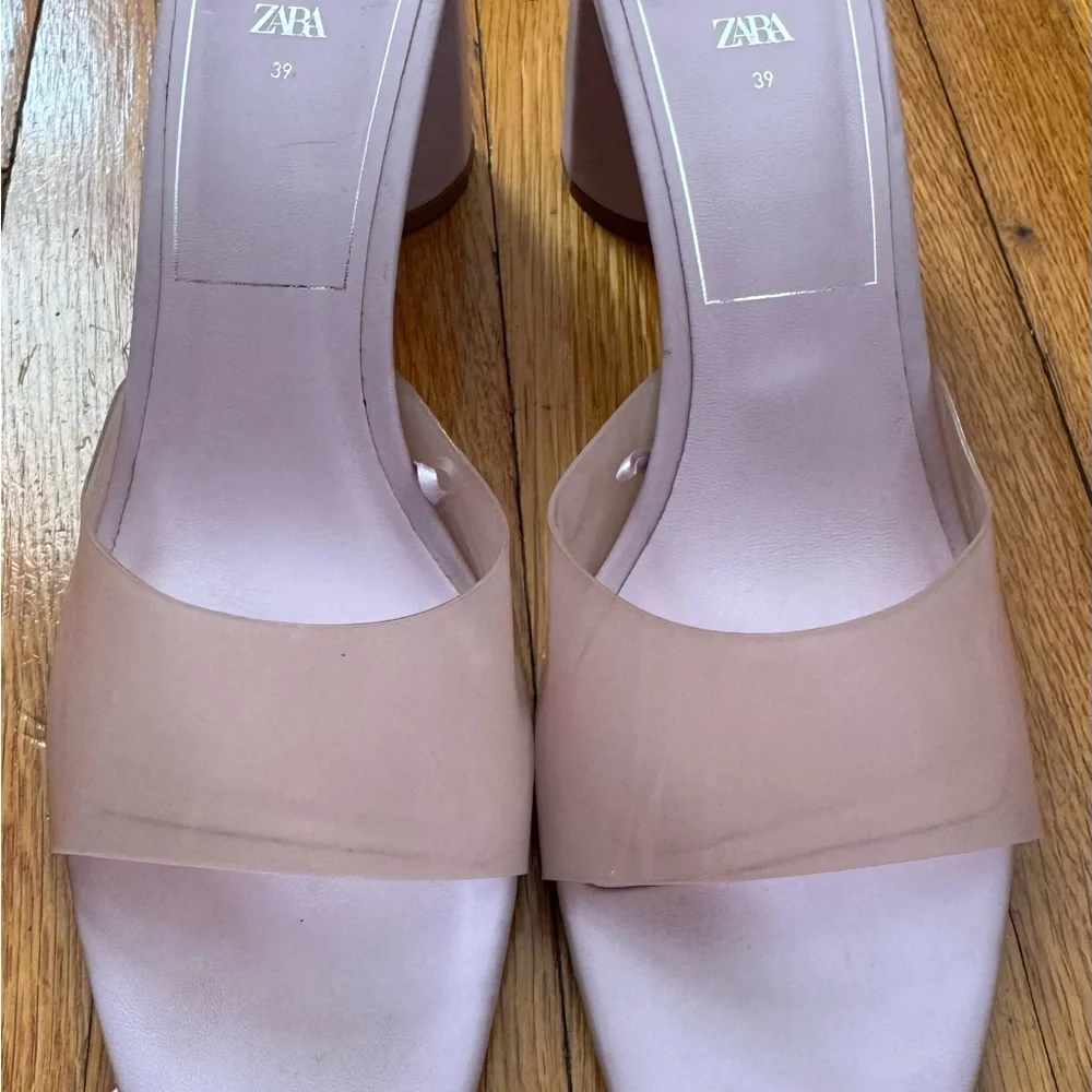Zara Blush pink translucent front square toe block Heel sandals wedge, size 8.5